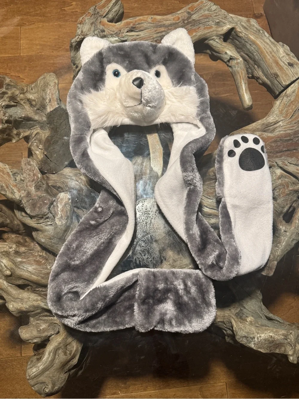 Plush Husky Beanie Hat Scarf with Paw Mitt Gloves